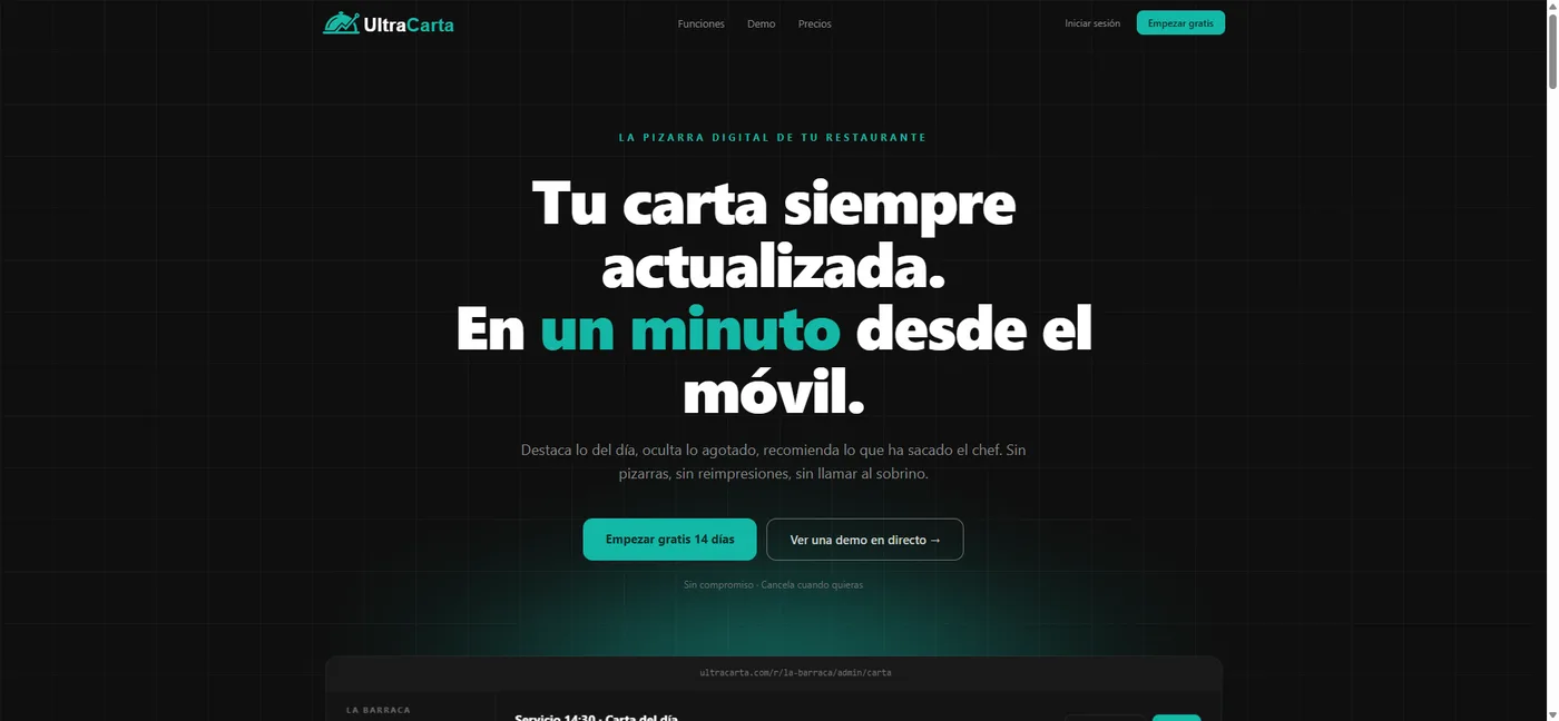 Portada de ultracarta.com con el panel de gestión de carta